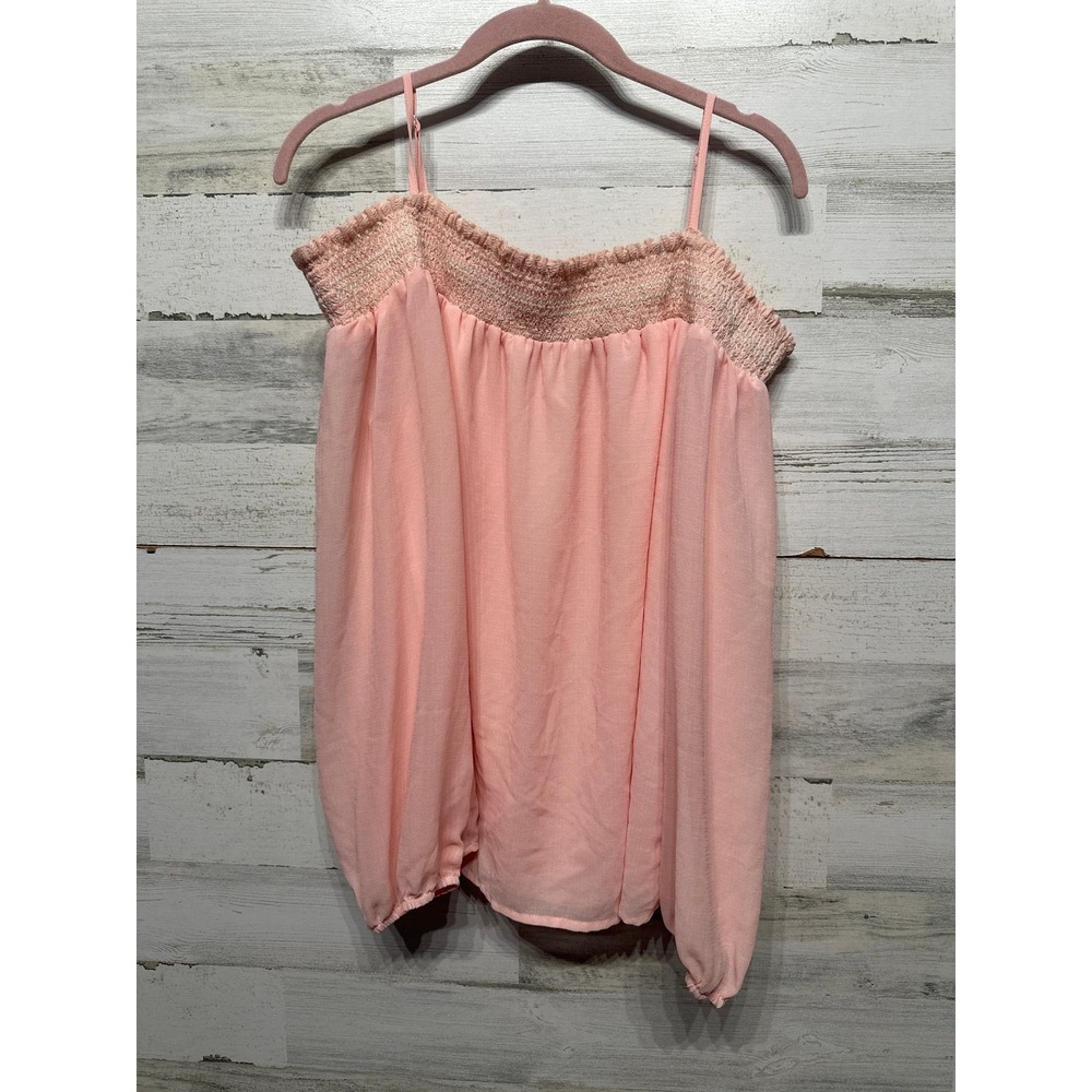 Sugar Lips Cold Shoulder Top Women Large Pink Smocked Chiffon Blouse EUC